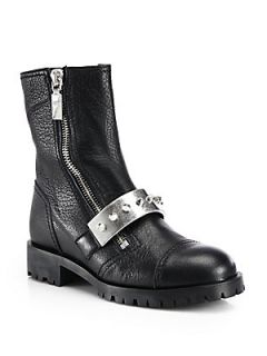 Alexander McQueen Leather Metal Detailed Combat Boots   Black
