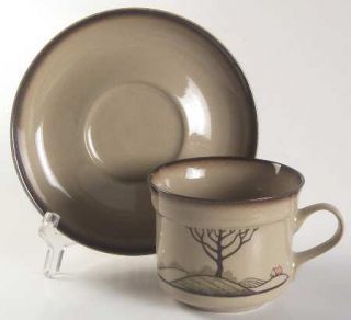 Denby Langley Savoy Flat Cup & Saucer Set, Fine China Dinnerware   Tree, House,