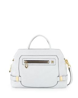 Honore Large Perforated Leather Satchel Bag, White
