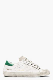 Golden Goose White And Green Leather Distressed Superstar Sneakers