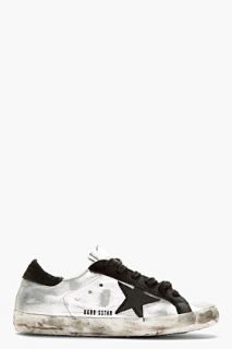 Golden Goose Metallic Silver And Black Leather Superstar Sneakers