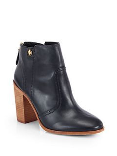 Tory Burch Leena Leather Stacked Heel Ankle Boots   Black