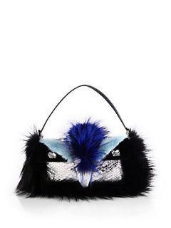 Fendi Fox & Mink Fur Bird Baguette Shoulder Bag   Silver Light Blue