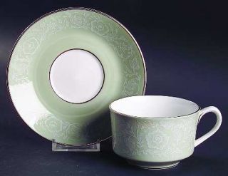 Royal Worcester Mirage (Green Rim) Flat Cup & Saucer Set, Fine China Dinnerware